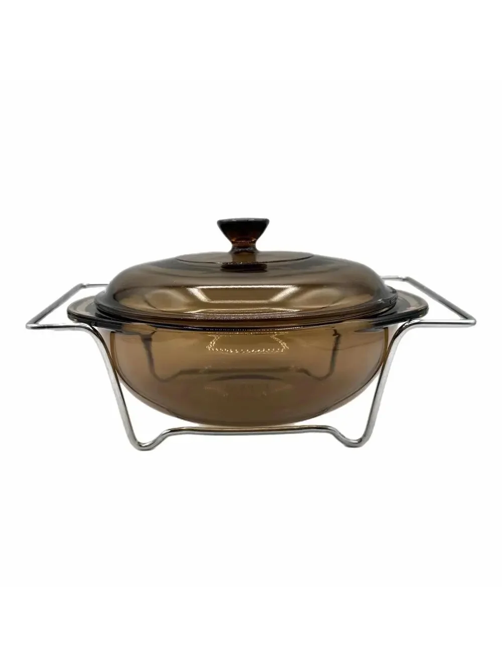 Vintage Pyrex Amber 1.5QT Glass Casserole Dish & Lid with Chrome Serving Cradle